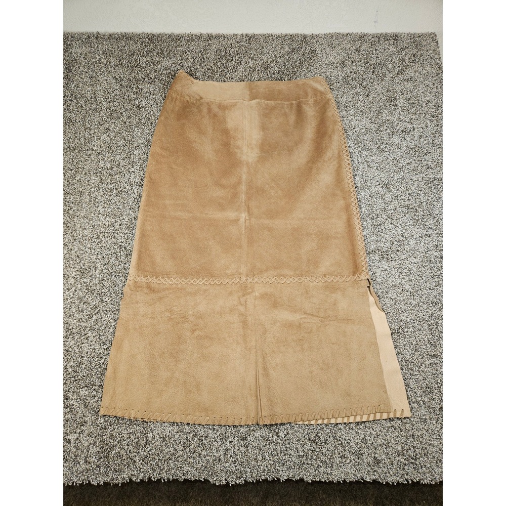 Garnet Hill Suede Maxi Skirt Women 14 Tan Whipstitch Braided Western Cowgirl